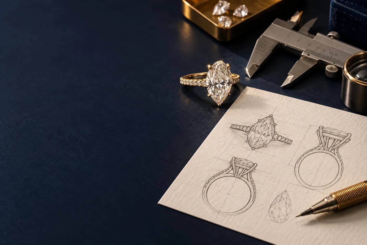 A pear diamond ring with its technical drawing and measuring tools