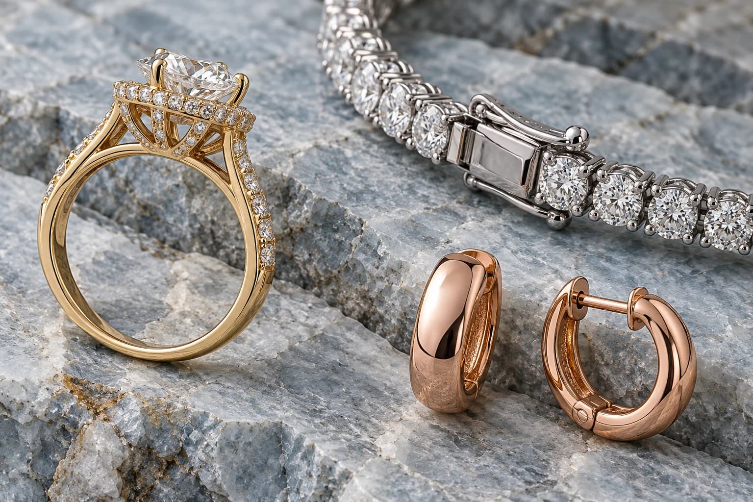 Ring construction, bracelet clasp and earring closure details