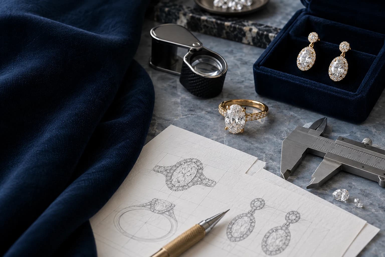 Illustration of jewellery design planning and material selection