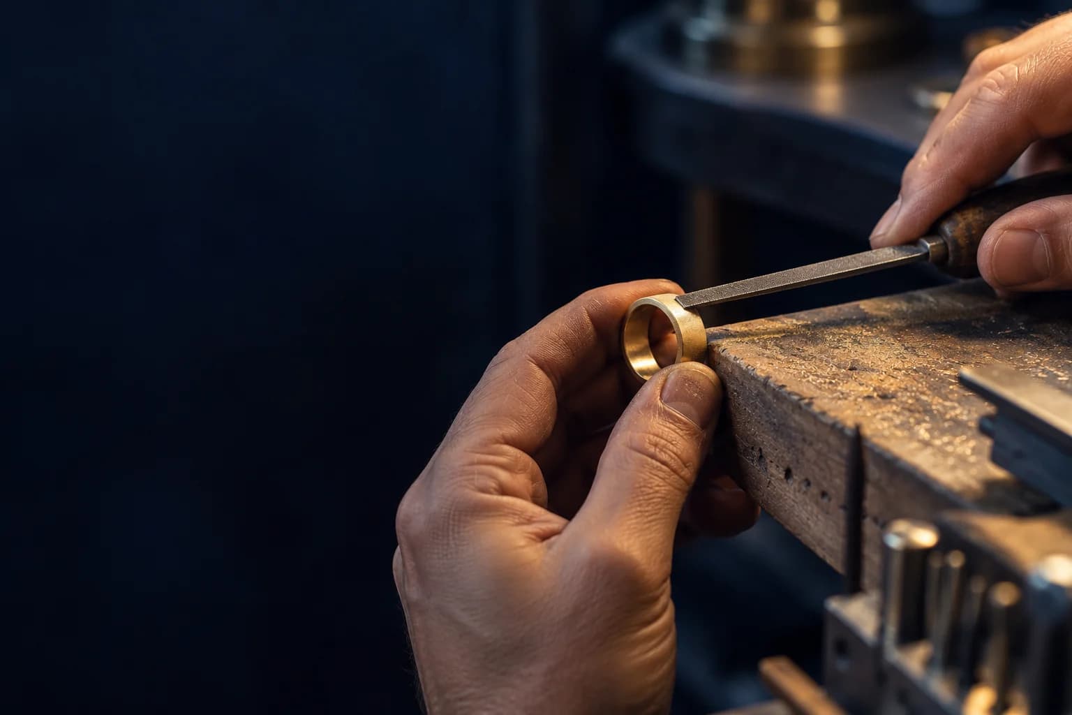 A jeweler carefully filing an unfinished gold ring at a wooden bench pin