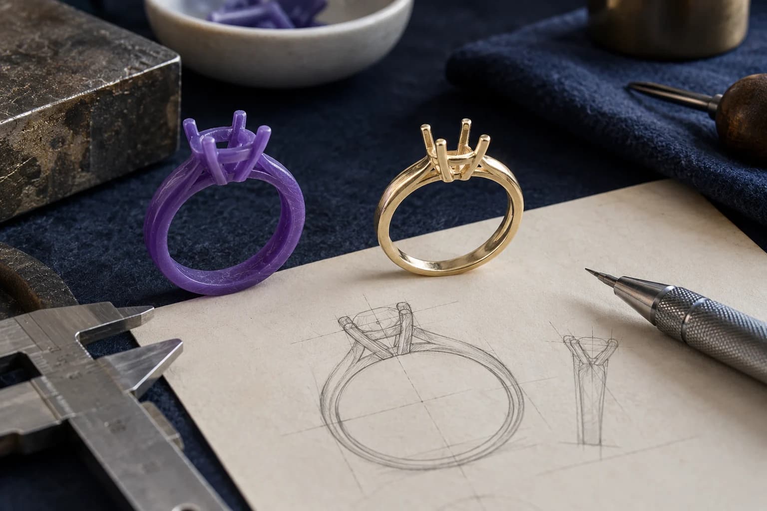A purple wax ring model and unfinished gold casting beside a ring drawing and caliper
