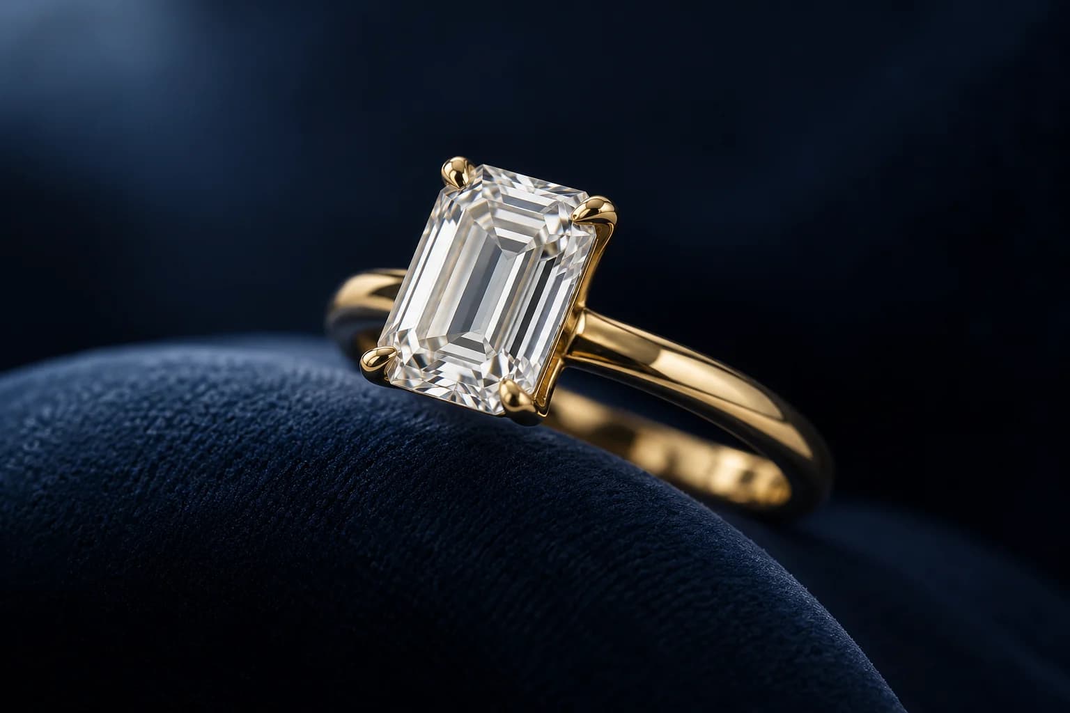 An emerald-cut diamond solitaire showing polished gold surfaces and carefully shaped prongs