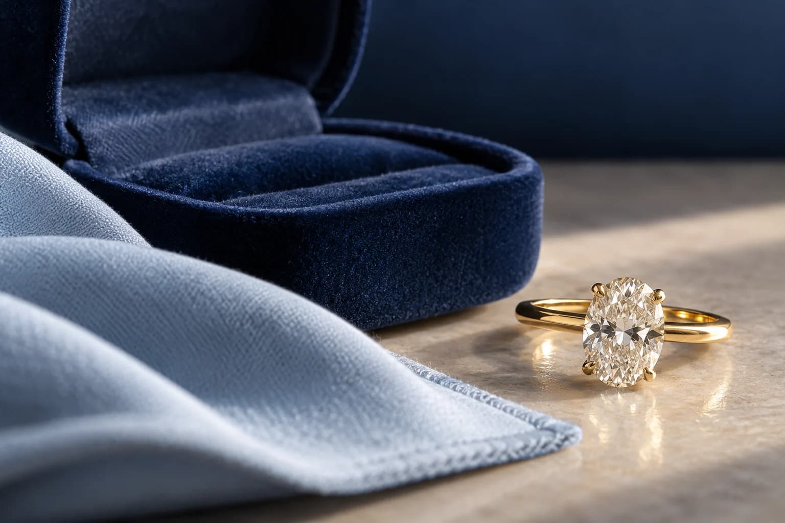 An oval diamond gold ring beside a soft jewelry cloth and navy presentation case