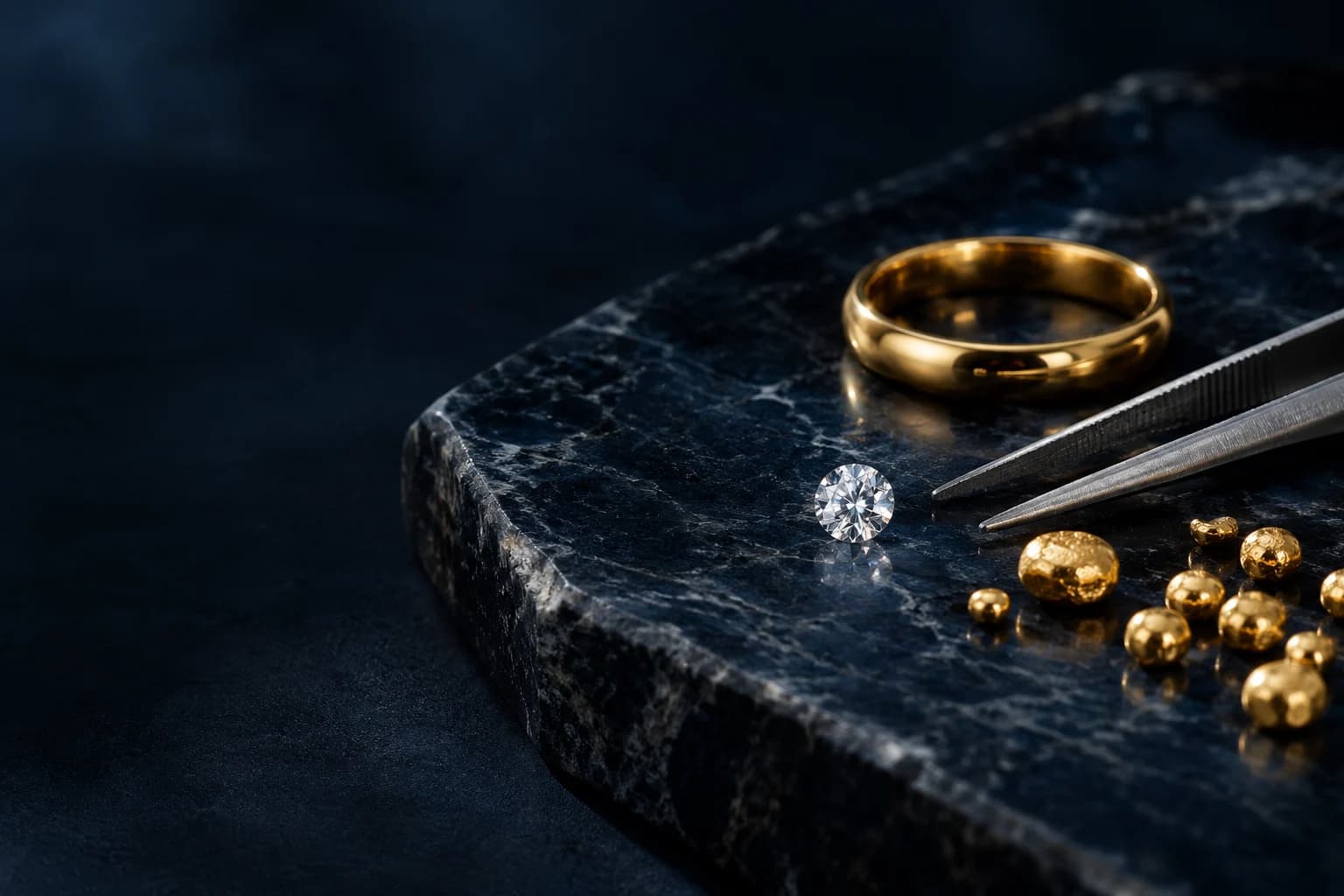 Gold granules, a plain gold band and a loose diamond arranged on a navy material tray