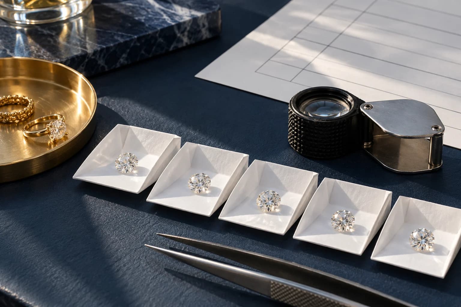 Loose stones arranged in individual paper parcels beside a loupe and specification sheet
