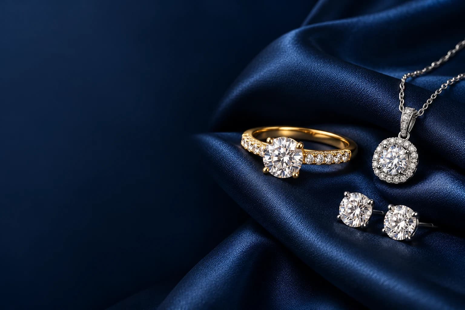 Jewellery collection arranged on navy fabric