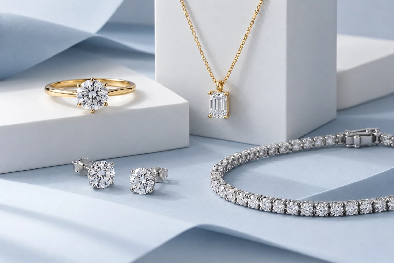 Collection of a gold ring, pendant, stud earrings and tennis bracelet with lab-grown diamonds