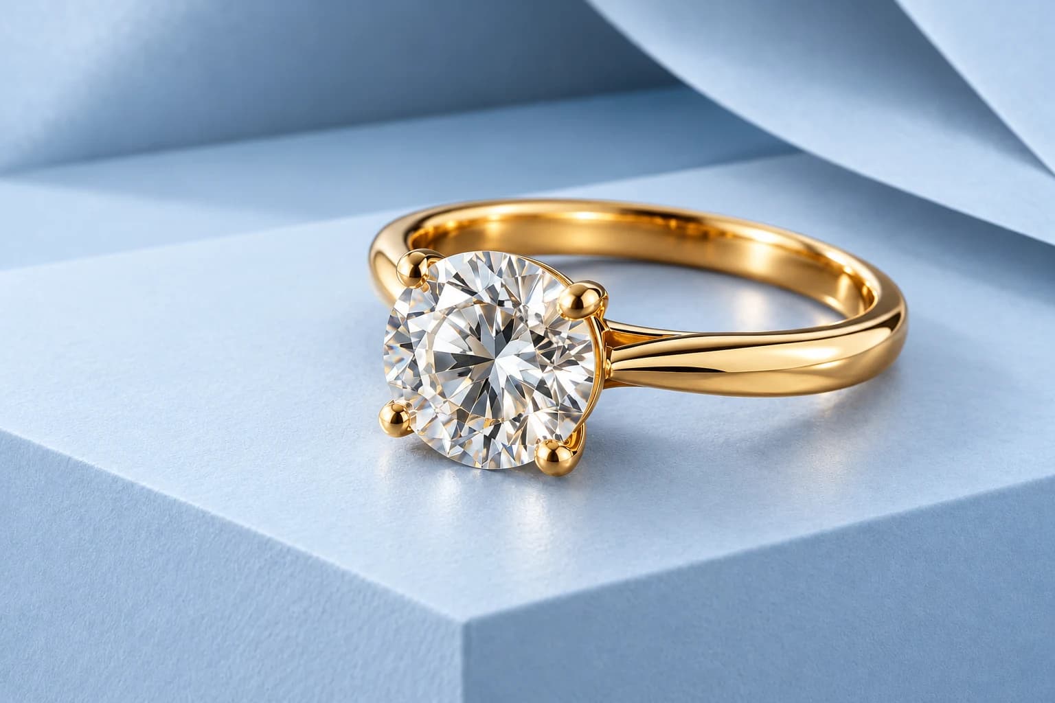 Yellow gold diamond solitaire ring on a pale blue display
