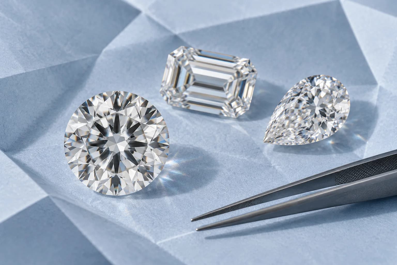 Round, emerald-cut and pear-shaped lab-grown diamonds on blue parcel paper